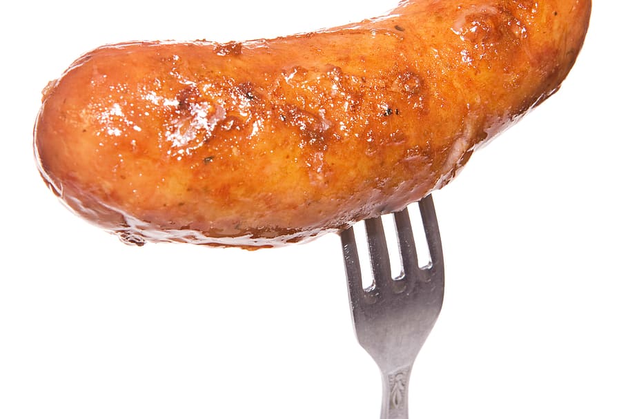 grill, fork, bratwurst, white, food, bbq, meat, cooked, studio HD wallpaper