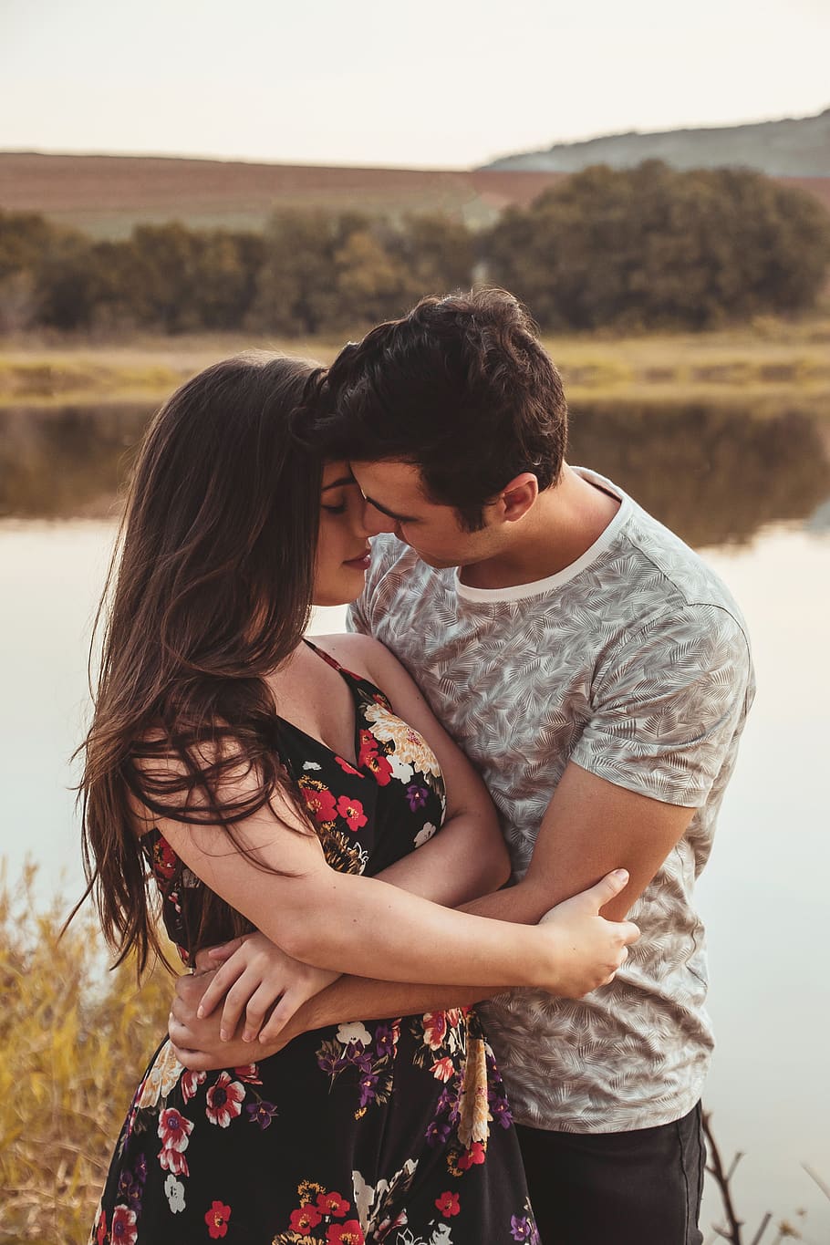 Man and Woman Facing Each Other While Hugging Near River, beauty, HD wallpaper