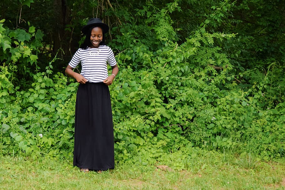 girl, her, green color, standing, one person, plant, front view HD wallpaper