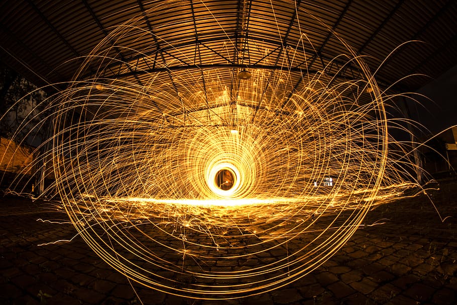 Round Wool Photo, construction, factory, fire, long-exposure HD wallpaper