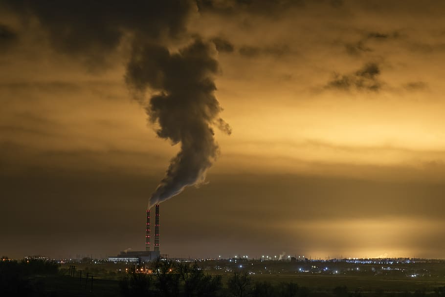 smoke coming out of factory, pollution, nature, building, outdoors