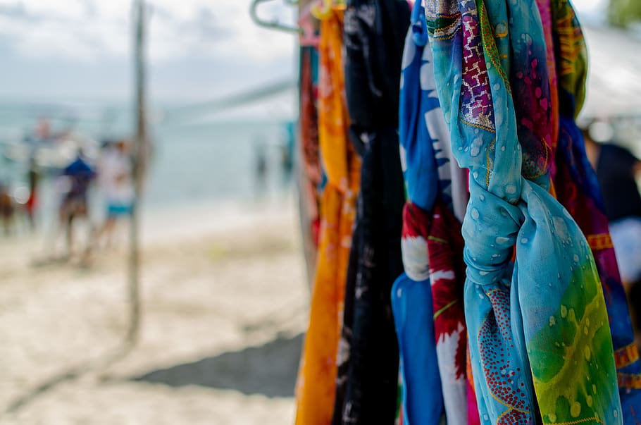 beach, sand, fabric, clothes, colors, bokeh, mauritius, poncho HD wallpaper