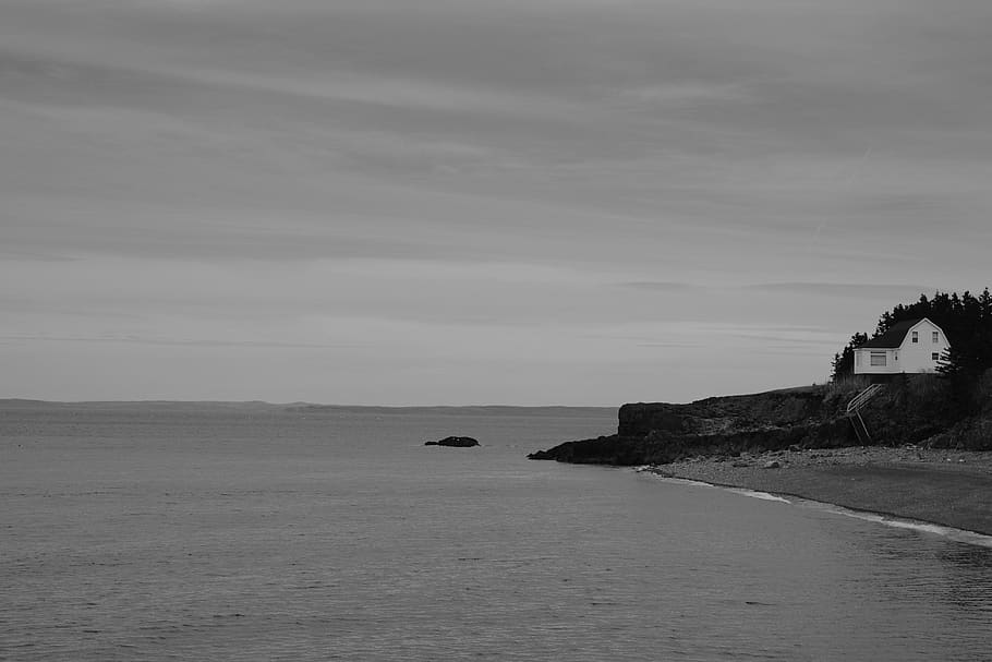 canada, nova scotia, beach, house, bw, monochromatic, ocean HD wallpaper