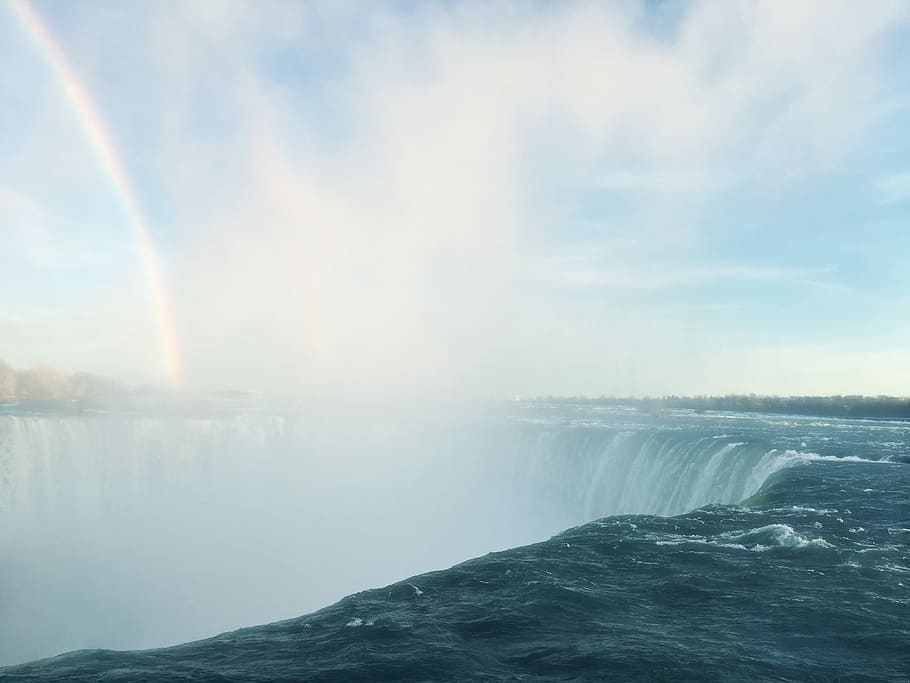 rainbow, waterfall, river, stream, sky, mist, splash, blue HD wallpaper