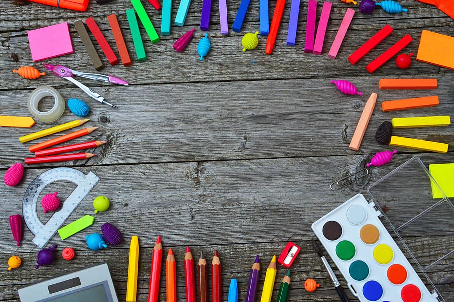 school tools, color, crayon, paint, brush, education, design
