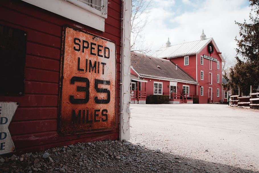 speed limit 35 miles sign, road, gravel, dirt road, tarmac, asphalt HD wallpaper