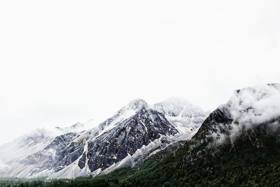 Snow Mountain, ridge, cloud, peak, rock, grass, white background HD wallpaper