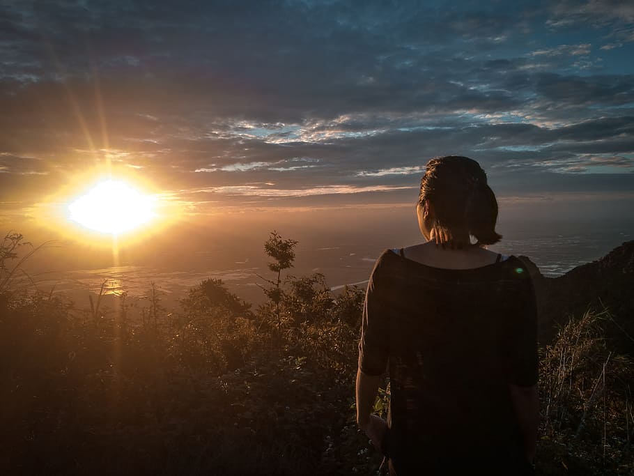 Woman in Black and Red Off-shoulder Top, back, backlit, clouds HD wallpaper