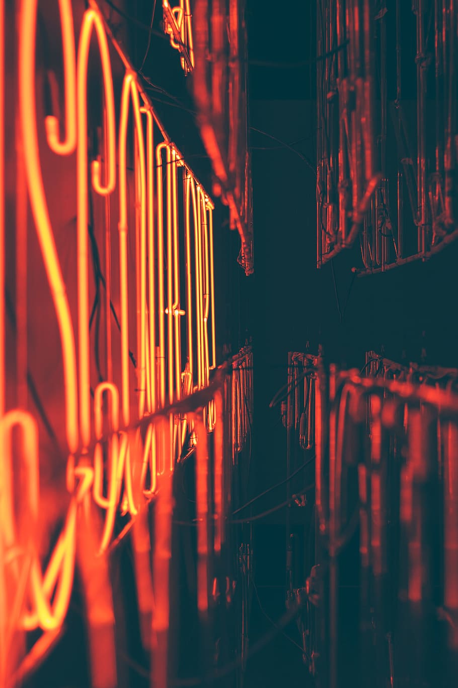 dark, night, lights, wire, illuminated, text, red, glowing HD wallpaper