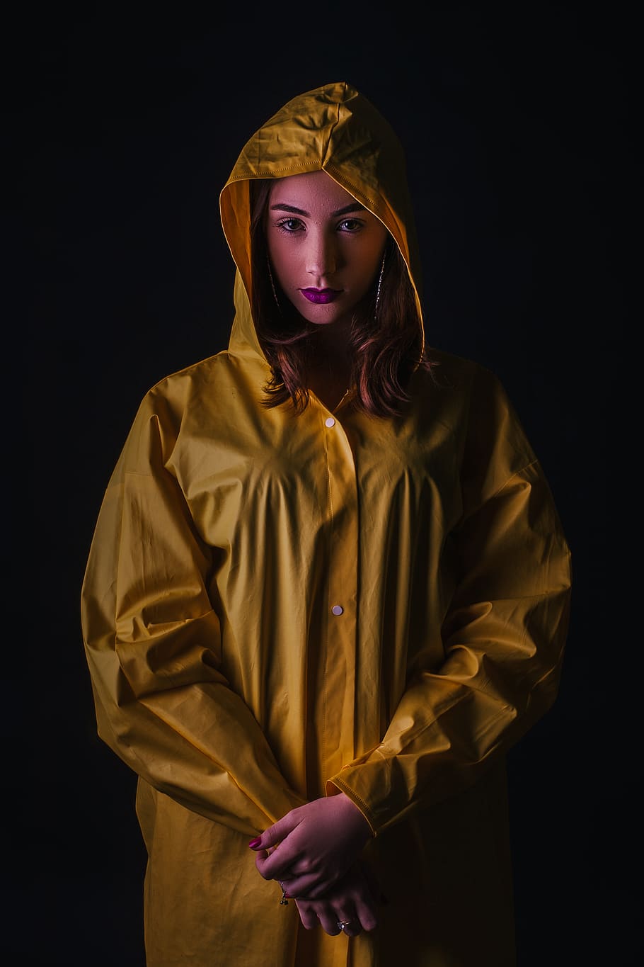 Woman Wearing Yellow Raincoat, beautiful, beauty, color, dark