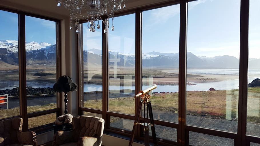 indoors, cozy, windows, mountains, room, transparent, glass - material HD wallpaper
