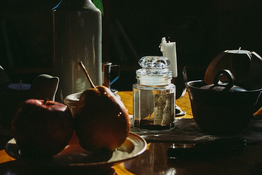 Apple and Pear Near Glass Bottle, bottles, candle, close-up, container HD wallpaper