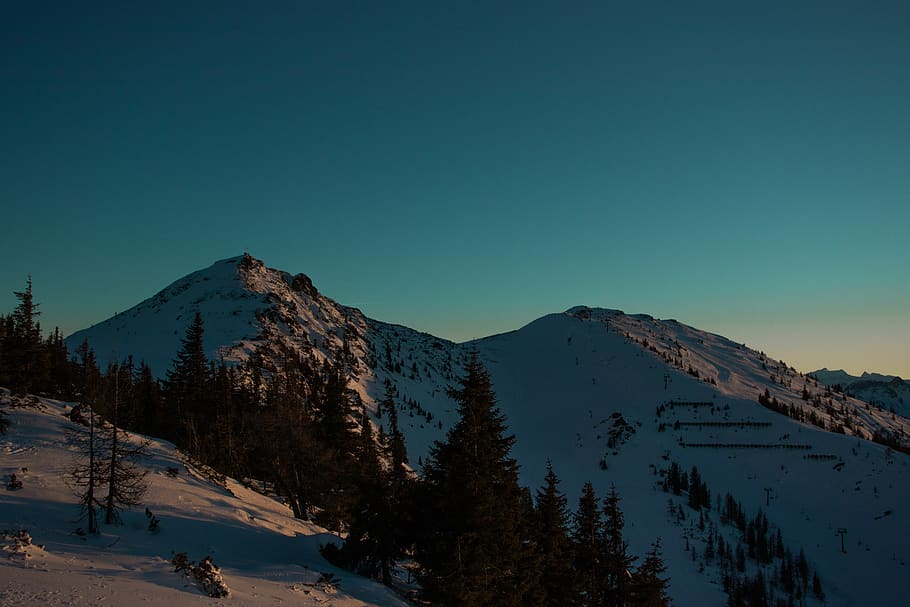 mountains, sky, sunset, landscape, blue, snow, evening, panorama HD wallpaper