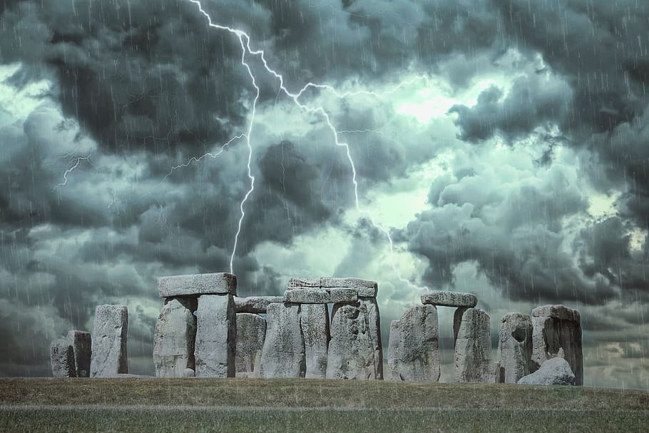 stonehenge, dramatic sky, storm, clouds, rain, lightning, fantasy HD wallpaper