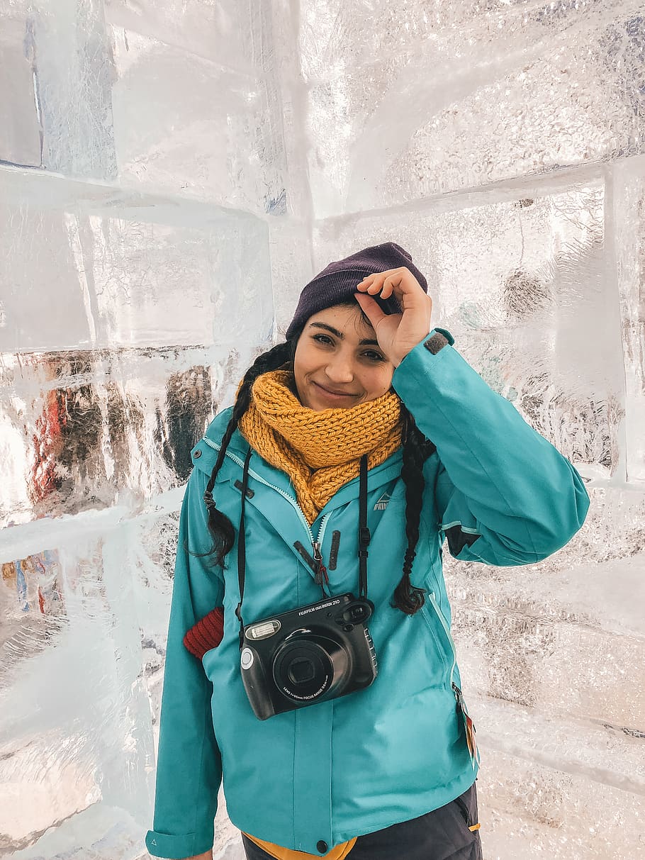 apparel, clothing, camera, ice, person, human, winter, white HD wallpaper