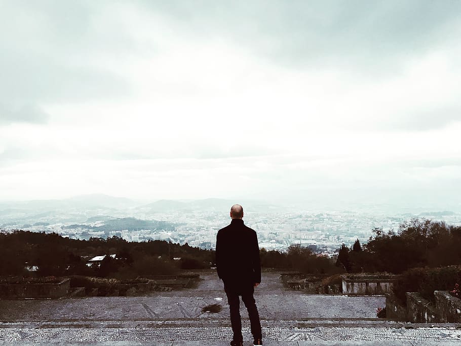 portugal, braga, one person, real people, sky, rear view, standing HD wallpaper
