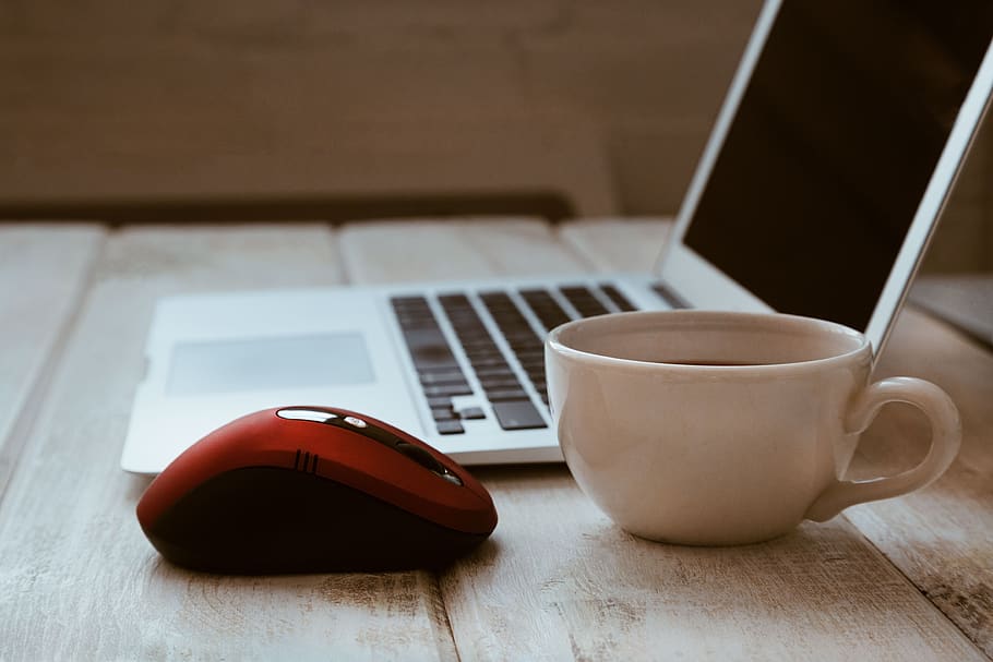 Red Optical Mouse Near White Mug, beverage, caffeine, coffee HD wallpaper