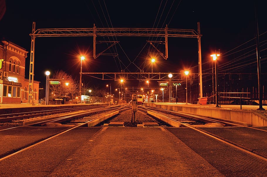 sweden, train, station, light, lights, night, train station, HD wallpaper