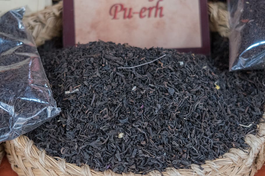 tea, pu-erh, brown, china, dried, market, drink, black, leaf