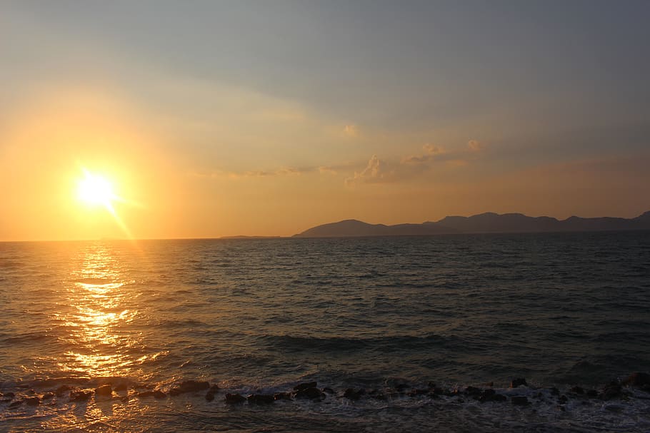 sunset, sunshine, sunray, mountain, island, beach, ocean, ocean view HD wallpaper