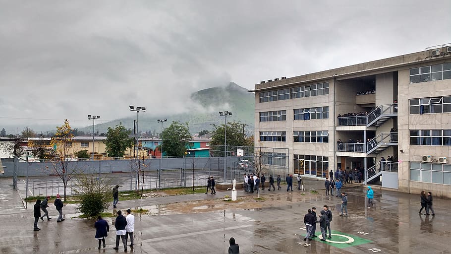 school, rain, cloudy, fog, student, building exterior, group of people HD wallpaper