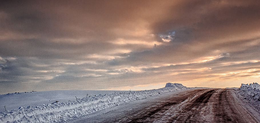 travel, clouds, sunset, road, snow, winter, sky, environment HD wallpaper