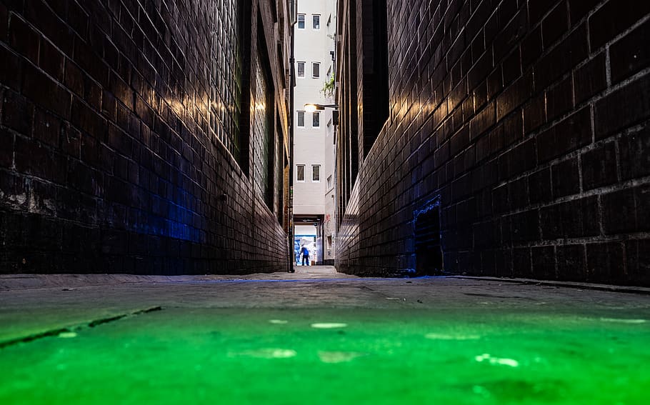green concrete pavement between brick walls, architecture, built structure HD wallpaper