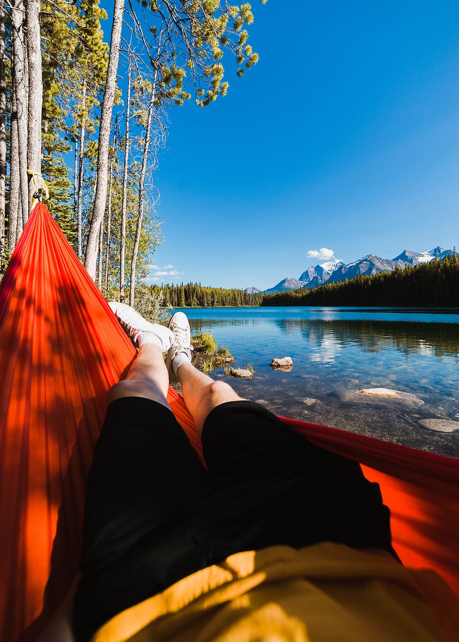 tree, mountain, hammock, shoe, sneaker, lake, rock, forest HD wallpaper