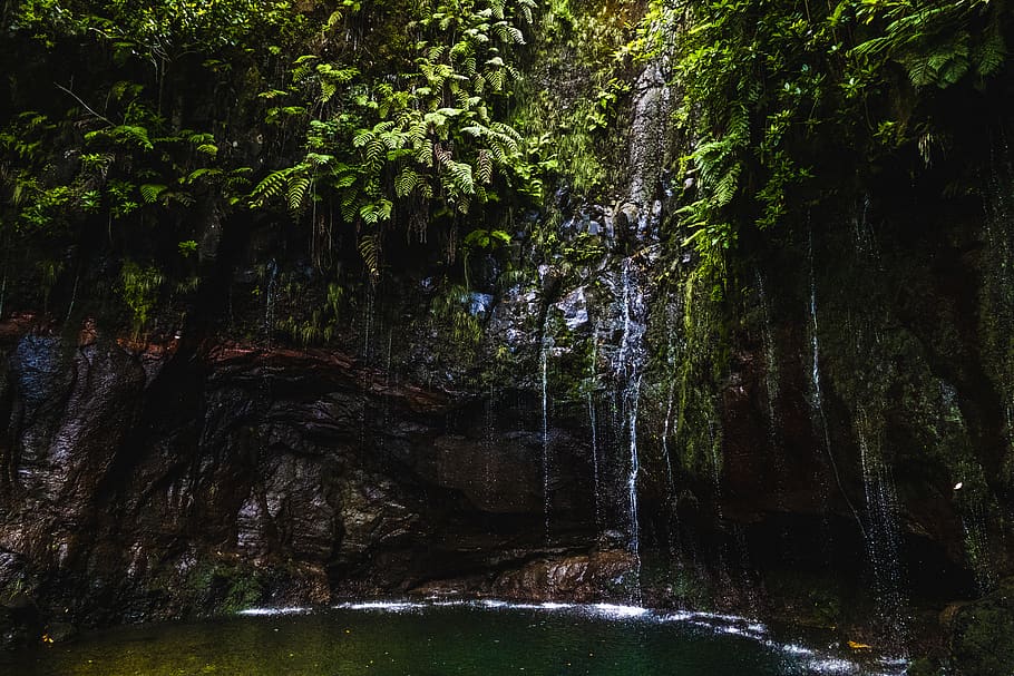 waterfalls cascading into lagoon, nature, outdoors, madeira, river, HD wallpaper