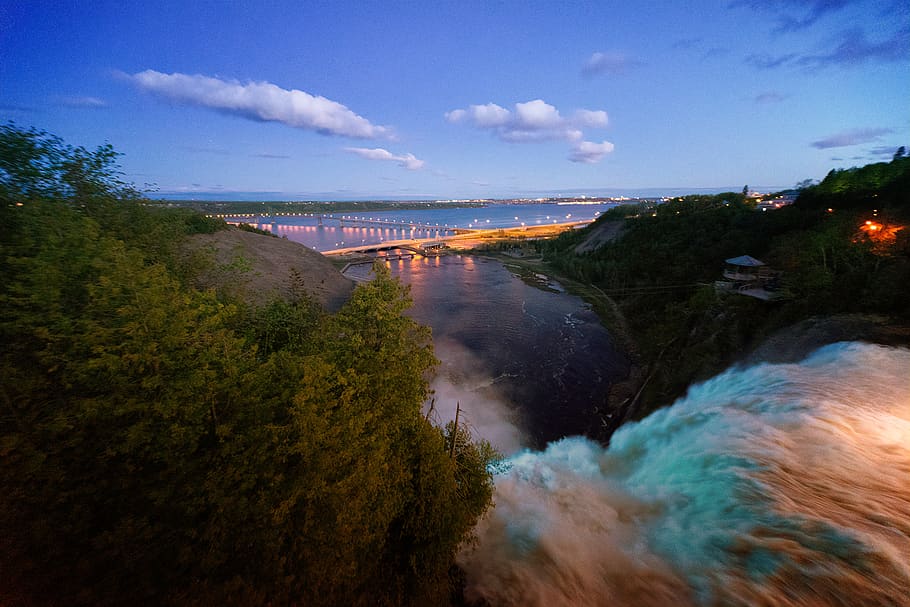 Waterfalls at Dusk, beach, clouds, dawn, evening, flow, high angle shot HD wallpaper