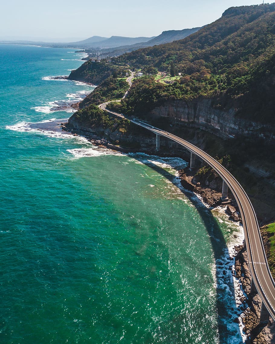Elevated Highway Between Mountains and Shore, architecture, beach HD wallpaper