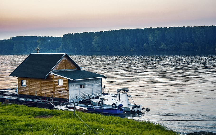 White Boat Beside Wooden House on Water Near Forest, daylight HD wallpaper