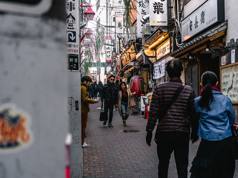 People Walking on Street, architecture, buildings, commerce, crowd HD wallpaper