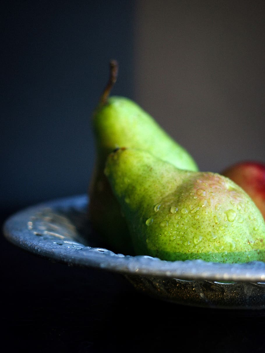 two green avocados, plant, fruit, food, pear, fruits, pears, foodporn HD wallpaper