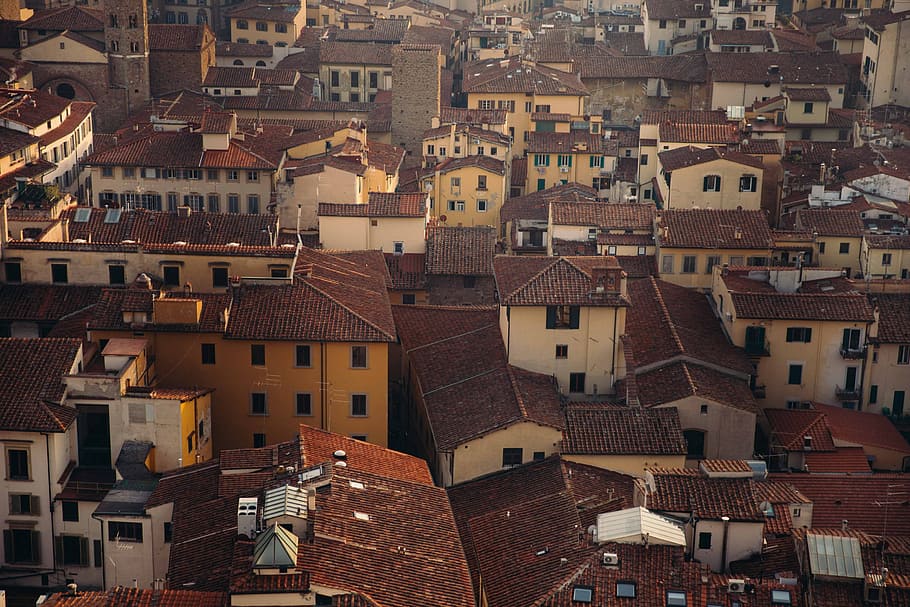 Aerial view of clay rooftops of residences, architecture, cityscape, HD wallpaper