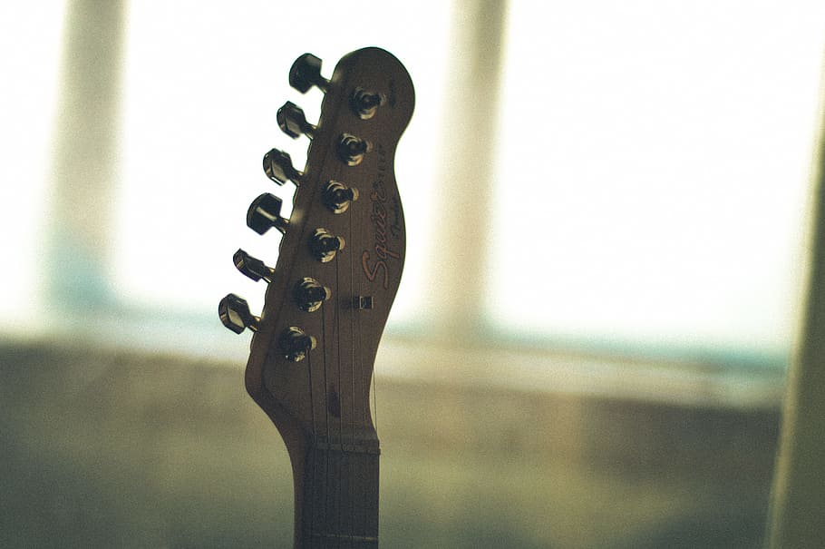 Close-Up Photography of Guitar Head Stock, 4k wallpaper, blur