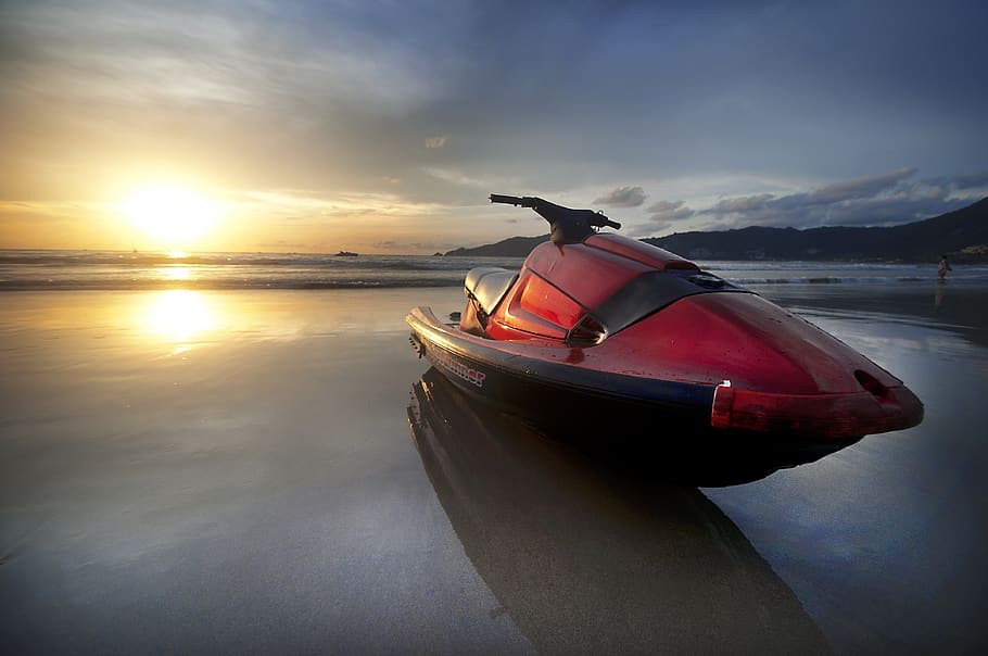 Red Personal Watercraft, boat, clouds, dawn, nature, ocean, reflection HD wallpaper