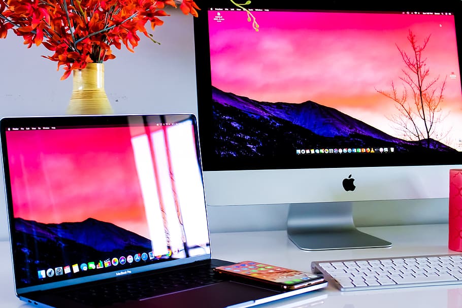 space gray MacBook Pro, xsmax, iphone, gloss, purple, white, orange, HD wallpaper