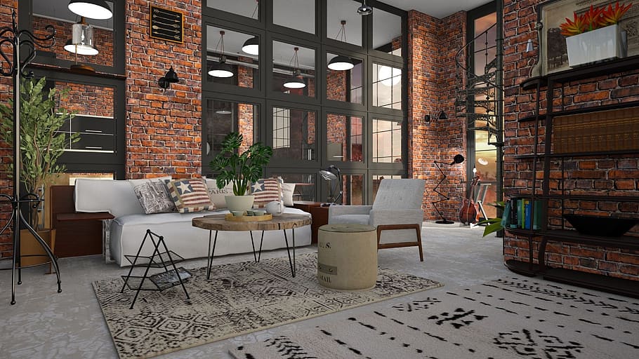loft, brick, sofa, room, window, couch, furniture, the interior of the HD wallpaper