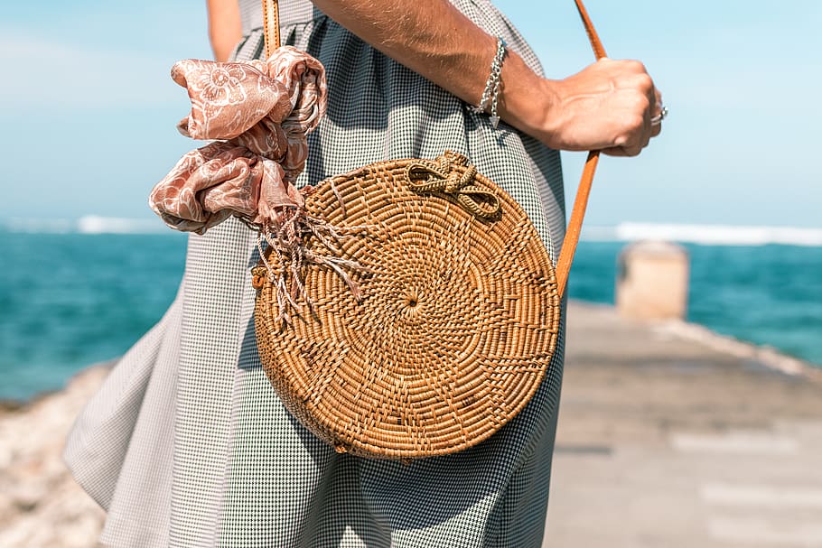 Woman Wearing Grey Skirt and Round Brown Rattan Crossbody Bag on Wooden Dock Near Body of Water, HD wallpaper