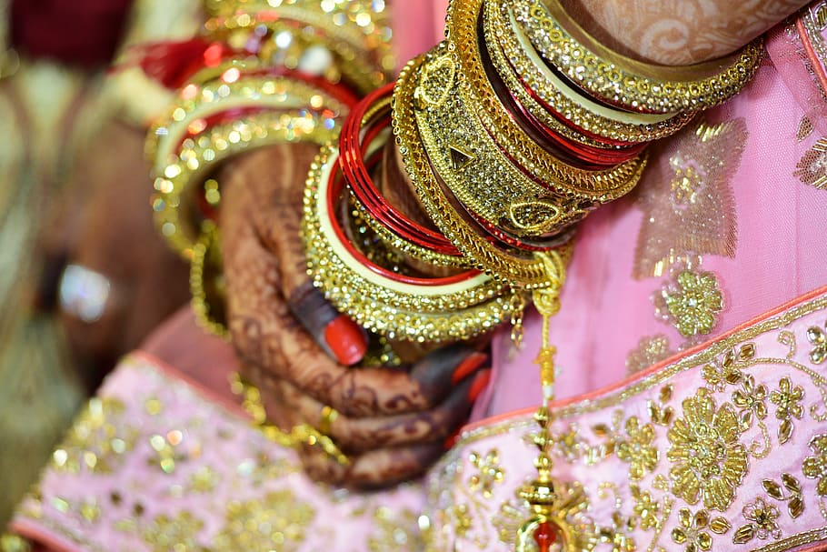 Woman Wearing Gold-colored Bangle and Mehndi, art, bracelets