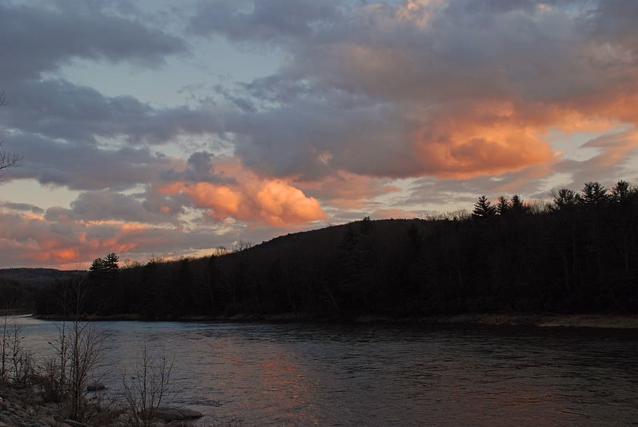 dusk, mountains, river, landscape, sky, cloud - sky, scenics - nature HD wallpaper