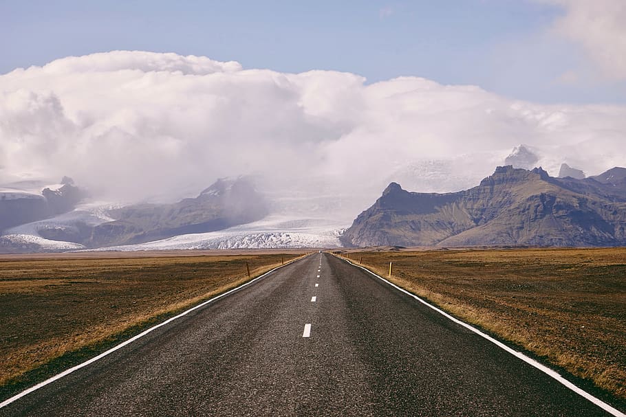 asphalt road between mountain range during daytime, highway, tarmac HD wallpaper