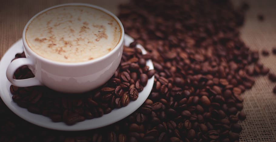 coffee beans, coffee cup, drink, cup of coffee, brown, espresso HD wallpaper