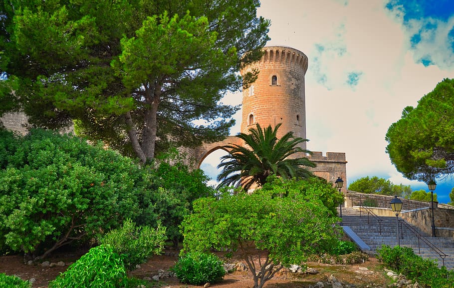 castle, spain, architecture, building, mallorca, urban, tower HD wallpaper