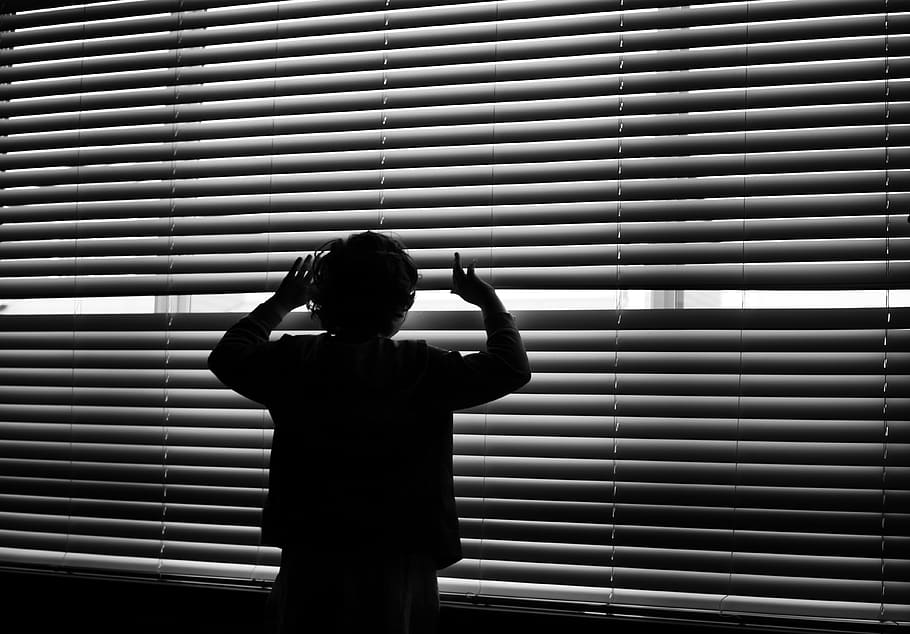 Silhouette Of Child Looking On Window Blinds, backlit, kid, person