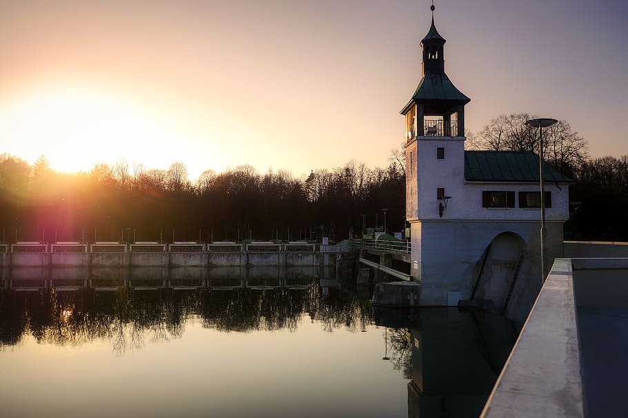 lake, sunset, barrage, weir, waterworks, augsburg, kuhsee, river HD wallpaper