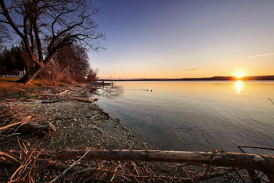 waters, sunset, nature, landscape, dawn, ammersee, log, bank HD wallpaper