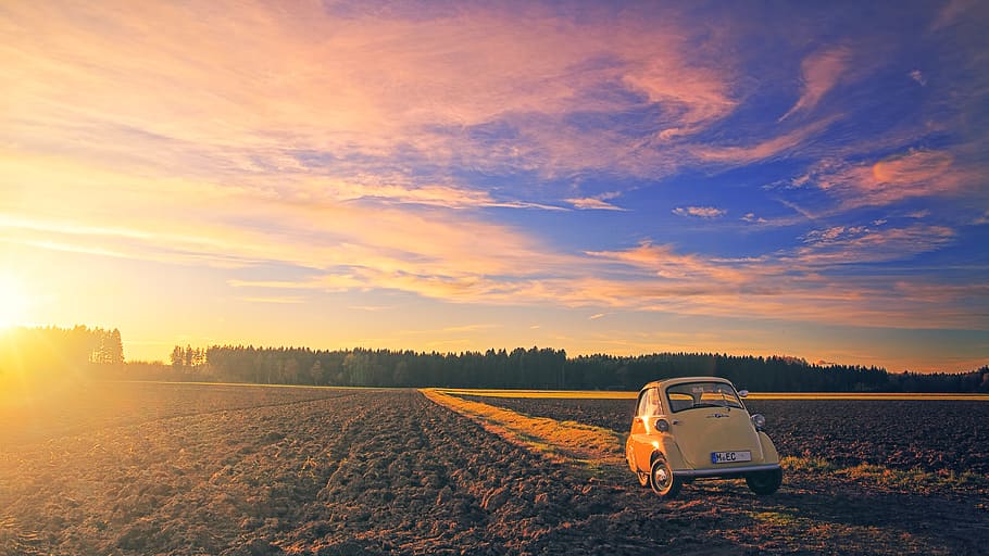 yellow car, outdoors, nature, landscape, field, sky, road, 3-wheeled car HD wallpaper