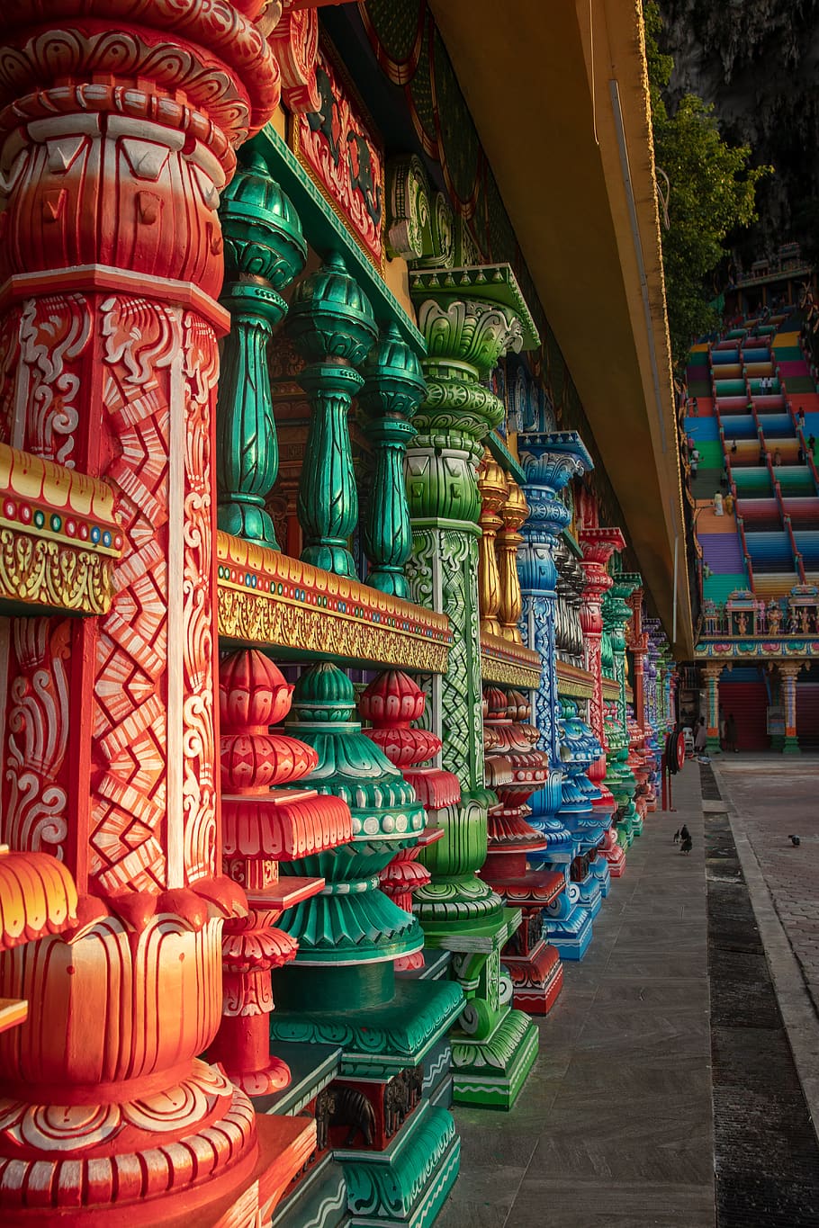 columns, colourful, color, colorful, architecture, batu caves HD wallpaper